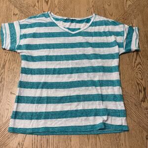 Chico’s Women’s 0 Small Sparkle Teal White Striped Tinsel‎ Tee